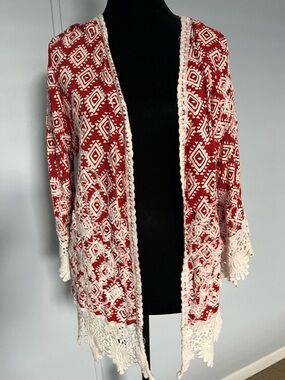 Solitaire Anthro Red/White Crochet-Trim Open Front Women's Kimono Sz Medium